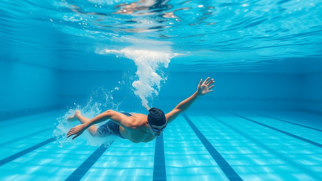 수영장에서 선수가 스트로크 효율을 높이기 위해 한 팔 드릴을 연습하며 물의 저항을 최소화하는 모습