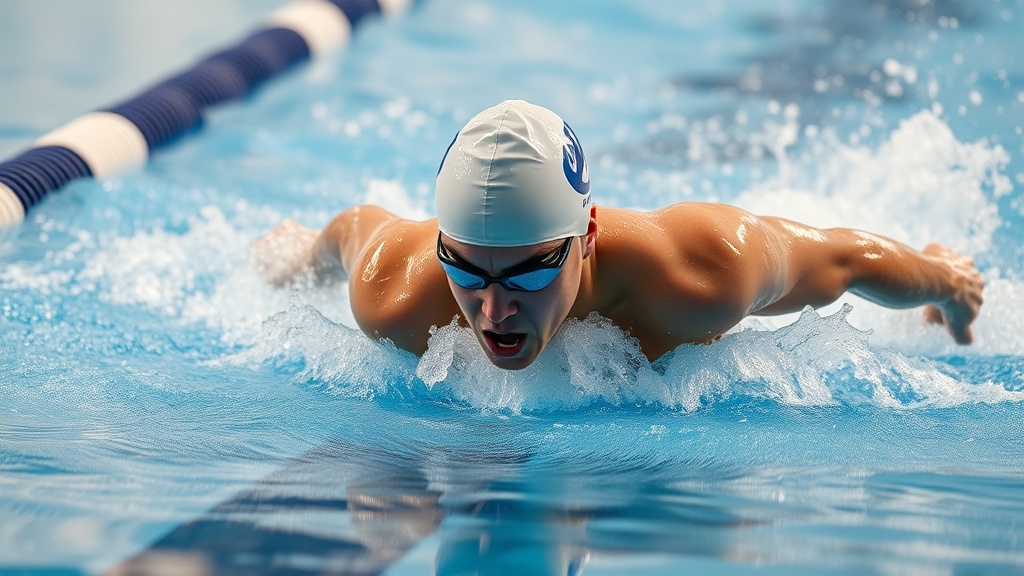 수영장 레인에서 수영하는 사람의 스트로크 동작을 보여주는 장면